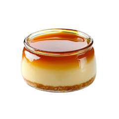 A creamy dessert with a smooth caramel layer, served in a glass jar, featuring a crumbly base and a glossy finish.