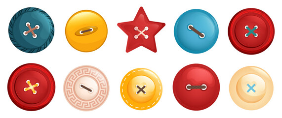 Set of colorful bright buttons of different shapes for sewing on clothing with sewing threads. Vector illustration 