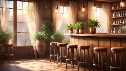 Sunlight streams through sheer curtains into a charming wooden bar potted plants leather bar stools.