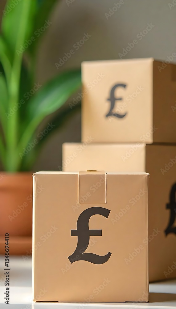 Poster generative ai pound currency symbolized on stacked delivery box concept