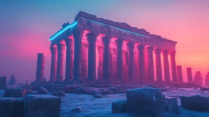 Ancient ruins bathed in neon luminescence.
