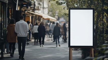 Blank Signboard on a City Street with People Walking