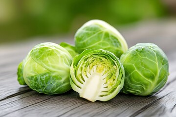 Fresh brussels sprouts showing cross section resting on wooden table