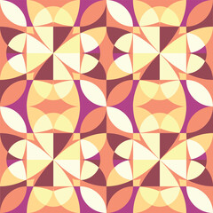 Floral ornament with stylized petals. Mosaic pattern for tiled floor. Geometric seamless print. Yellow orange and purple pastel colors texture. Vector scandinavian style wallpaper