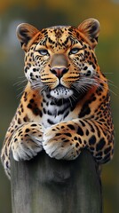 Obraz premium Majestic Leopard Perched for Autumn Forest.