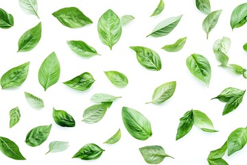 Naklejka premium Green basil herb leaves isolated on white background