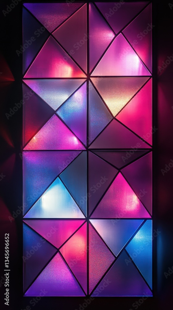 Poster modern abstract geometric background featuring illuminated colorful triangles and squares in soft li