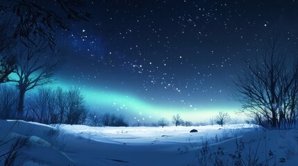 Enchanted Winter Night Landscape with Glowing Stars and Aurora Borealis