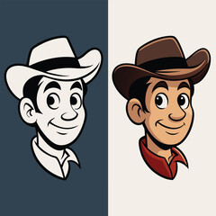 Cowboy Man Head Vector: Rugged Character Illustration in Black & Color