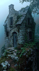 Ancient abandoned stone house with crumbling walls and overgrown vines