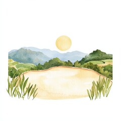 A tranquil landscape illustration featuring a sun setting over green hills, perfect for projects related to nature, peace, and serenity.