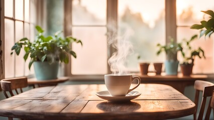 A steaming cup coffee sits a rustic wooden table, bathed warm morning sunlight, potted plants background.