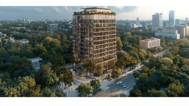 Modern Highrise Building in Urban Greenery Aerial View