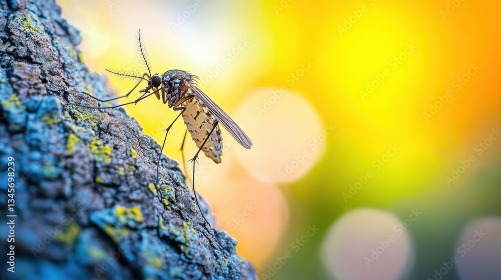 Poster close-up view of a mosquito on tree bark with colorful background and soft focus highlights