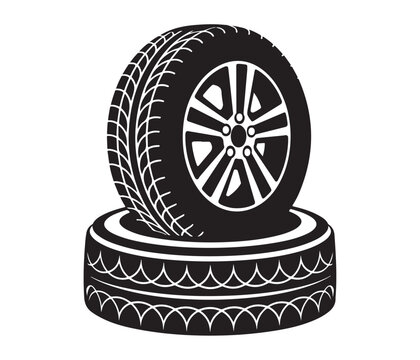 Stacked Tires and Wheels Graphic black and white graphic of stacked tires and wheels.
