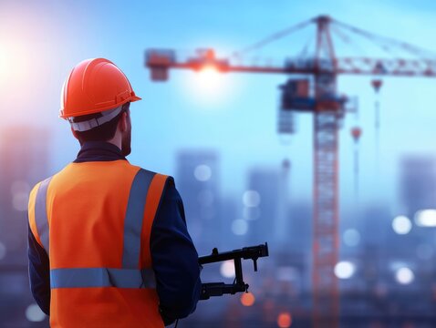 Construction worker operating drone on urban construction site at dusk