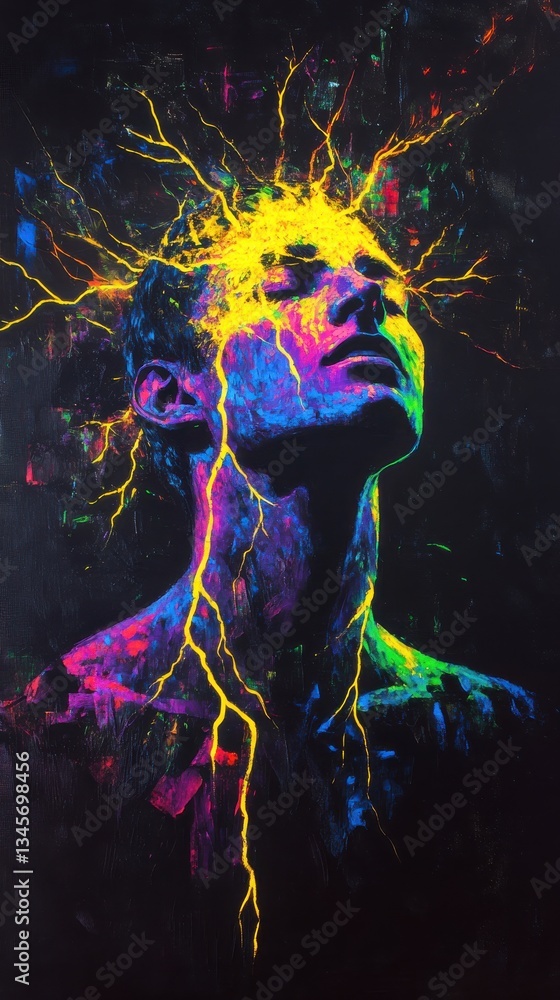 Poster vibrant portrait of a man radiating energy and color in a surreal artistic expression