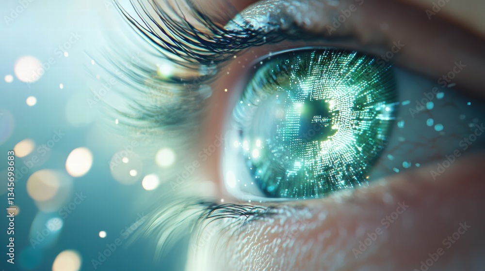 Poster cybernetic eye close up of a cybernetic eye displaying complex data streams and holographic projecti