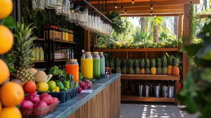 Vibrant juice and smoothie bar offering fresh drinks and tropical fruits in a sunny garden setting
