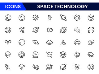 Space and Technology icon set. Containing satellites, the universe, astronauts, rockets, comets, telescopes and planets, and more icons © oneflock