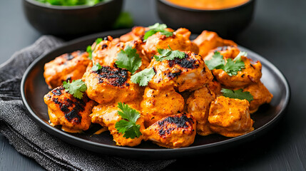 Spicy Orange Chicken Tikka On Dark Plate