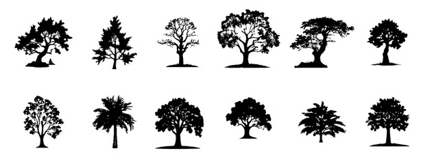 Tree silhouette vector. Vintage trees logo, icons, and graphics are isolated on white background