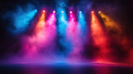 colorful stage illumination with a smoky ambiance creating a vivid spectrum of vibrant hues suitable for theatrical productions and concerts