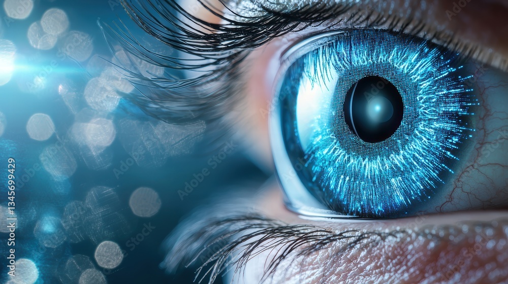 Poster eye surveillance and security close up of a security camera lens with an eye reflection, emphasizing