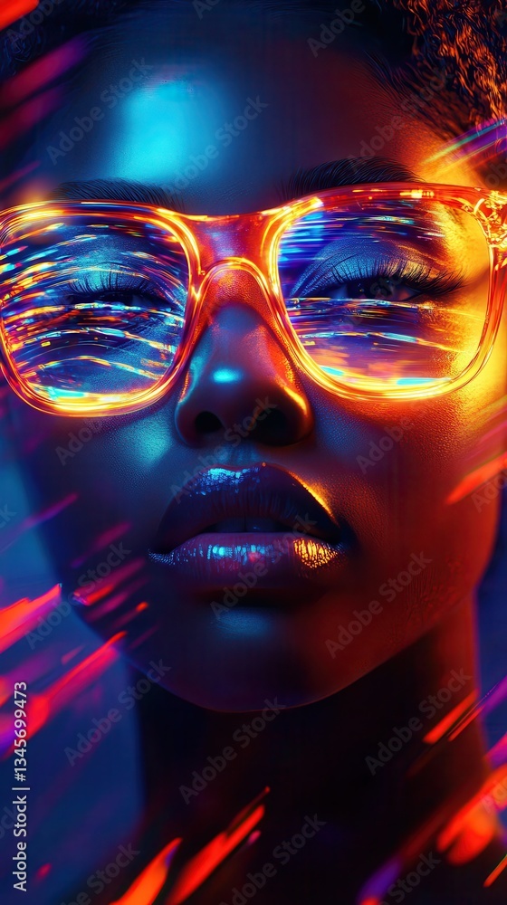 Poster vibrant portrayal of a filmmaker's expressive face illuminated by colorful lights in a creative atmo