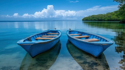 Naklejka premium Serene Serenity Two Blue Boats on a Tranquil Lagoon