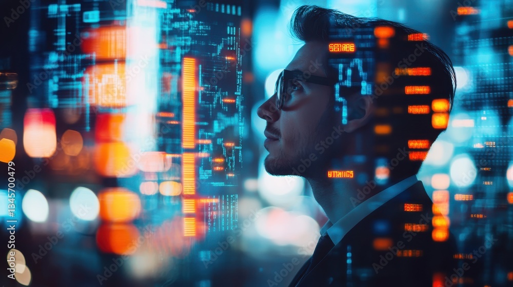 Poster trader engaged in market analysis with stock data visuals at night in a modern financial setting