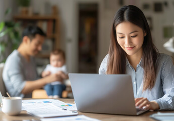 Fototapeta premium A cinematic scene of a determined woman balancing work and family, work from home concept.