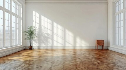 Obraz premium Bright sunlit empty room hardwood floor interior