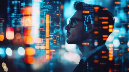 Trader engaged in market analysis with stock data visuals at night in a modern financial setting