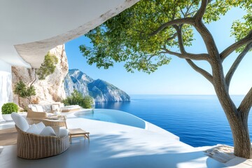 Obraz premium Luxury infinity pool overlooking the mediterranean sea from a whitewashed terrace