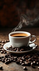 Coffee cup and coffee beans on a wooden background