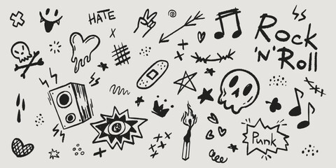 Punk rock music doodle set in black - speakers and hearts, match with flame and stars, lightning bolts and eye, crown and music notes. Fun grungy hand drawn illustrations for retro concert posters. © klyaksun