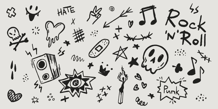Punk rock music doodle set in black - speakers and hearts, match with flame and stars, lightning bolts and eye, crown and music notes. Fun grungy hand drawn illustrations for retro concert posters.