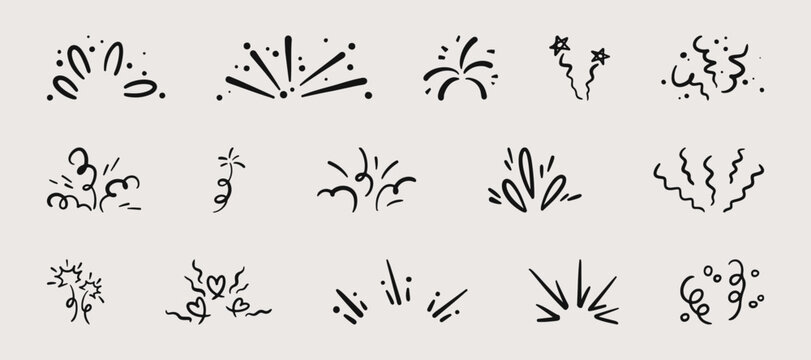Hand drawn doodle confetti bursts set. Black and white cartoon icons collection of festive fireworks, stars, party decor elements. Vector illustrations for celebration design, holiday prints.