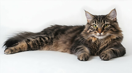 Relaxed Maine Coon Cat Lying On White Background
