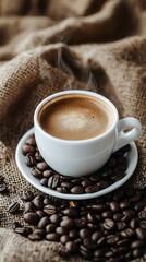 Obraz premium Coffee cup and coffee beans on a wooden background