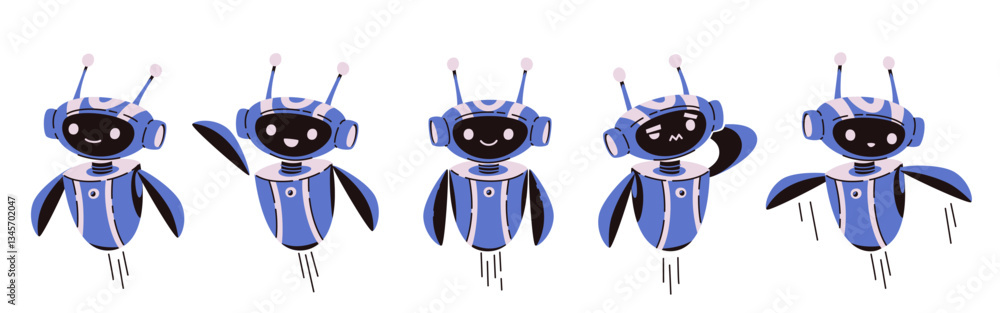 Poster cute chatbot ai characters set in blue color. friendly robot assistants with different emotions - ha