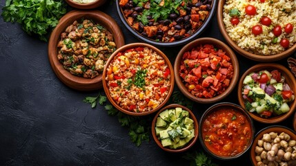 Diverse Collection of Delicious and Colorful Bowls of Food, Overhead Shot