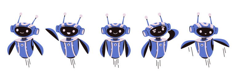 Cute chatbot AI characters set in blue color. Friendly robot assistants with different emotions - happy, smiling, laughing and confused. Chat bot avatars for customer support, virtual help service.