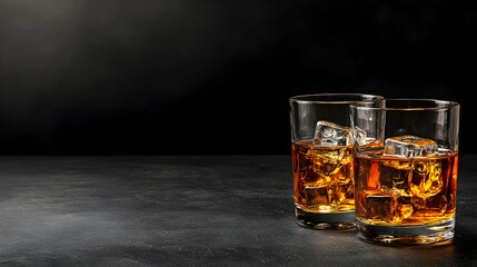 Two Amber Whiskey Glasses With Ice On Dark Background