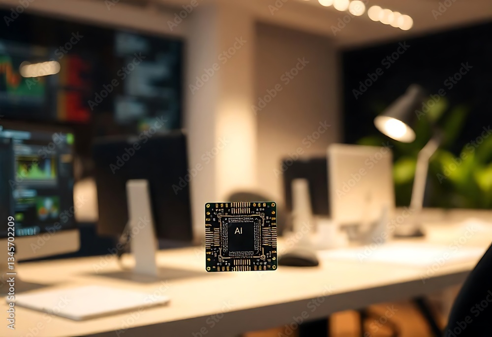 Aufkleber generative ai image showcasing an advanced ai chip in a modern office setting, highlighting technolo