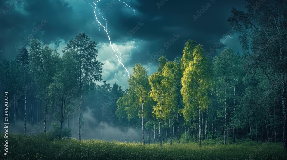 Poster Spring forest darkened by the stormy sky and illuminated by lightning in a dramatic setting