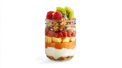 Layered Yogurt and Granola Dessert in Mason Jar with Fresh Fruit