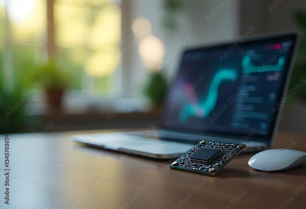 Aufkleber generative ai, modern laptop displays a technical chart with computer chip near a mouse on a wooden 