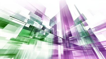 Abstract 3D background with overlapping translucent green and purple geometric shapes creating modern digital design